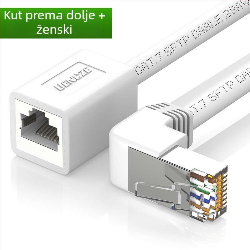 Cat7 mrežni produžni kabel s RJ45 muškim–ženskim kutnim adapterom; duljine: 0.5 m, 1 m, 1.5 m, 2 m, 3 m