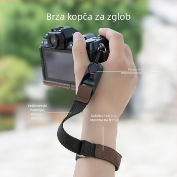 Remen za kameru na zglob s brzim otpuštanjem; kompatibilan s bezoglednim i DSLR kamerama; kompatibilan Fuji X-T5, Canon R50, Nikon Z30, Sony ZV-E10