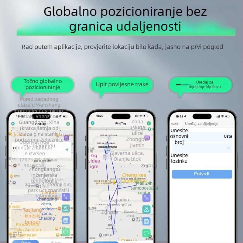 F18B GPS tražilo za kućne ljubimce, torbe i vozila — globalno praćenje, navigacija na karti, višekorisničko povezivanje, reprodukcija zvuka, karabina za ključeve