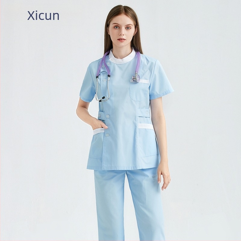Uniforma za medicinsku sestru za stomatološke i kozmetičke salone, set gornji dio i hlače, prozračan mrežasti materijal, pamuk-poliester smjesa, okrugli izrez, kratki rukavi, unisex