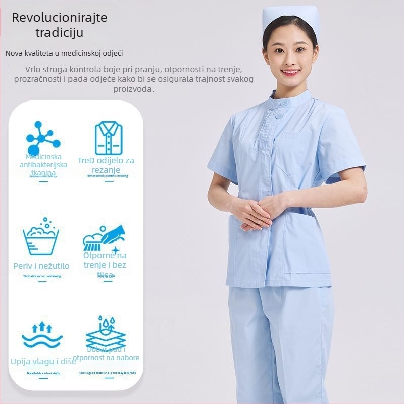 Dvo-dijelni set medicinske sestre: gornji dio s plisiranim okruglim izrezom i hlače, chenille tkanina, upijanje vlage, unisex