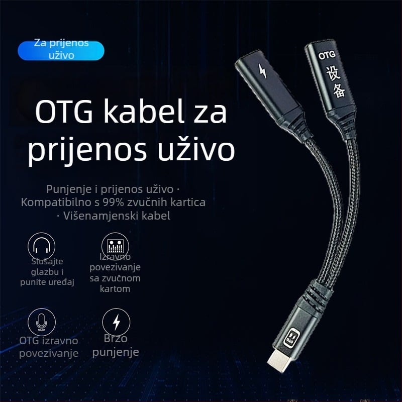 OTG USB-C adapter za Apple i Android s passthrough napajanjem; podržava USB disk, miš i audio sučelje za live streaming