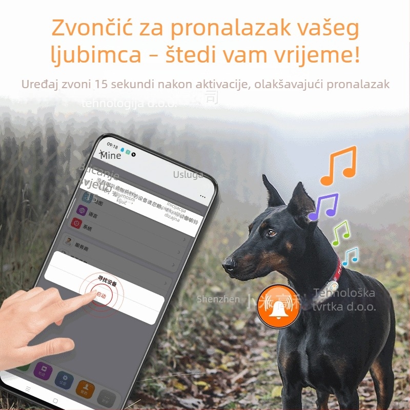 GPS locator za kućne ljubimce B21 – preciznost GPS 5–10 m, načini alarma: vibracija, SOS i ograda, vodootporan, dimenzije 65×27×16 mm