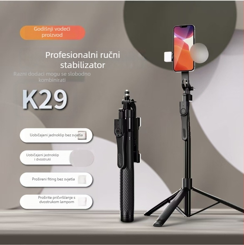 K29 Stabilizator za telefon s izvodnim stativom, ručni stabilizator, aluminijska legura, Bluetooth daljinski upravljač, ugrađeno svjetlo