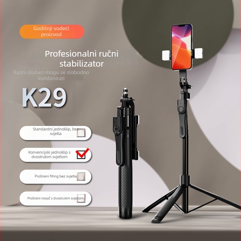 K29 Stabilizator za telefon s izvodnim stativom, ručni stabilizator, aluminijska legura, Bluetooth daljinski upravljač, ugrađeno svjetlo