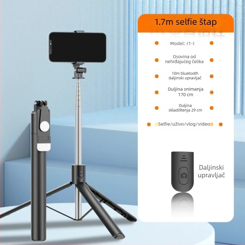 Selfie štap s stativom dužine 1,7 m, 360° rotacija, podna potpora za live streaming i putničku fotografiju