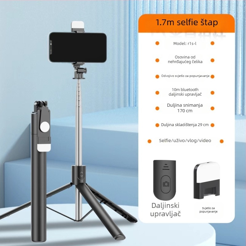 Selfie štap s stativom dužine 1,7 m, 360° rotacija, podna potpora za live streaming i putničku fotografiju