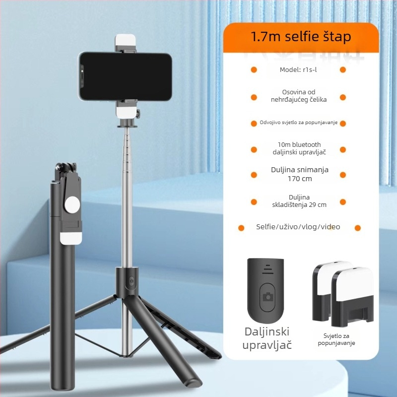 Selfie štap s stativom dužine 1,7 m, 360° rotacija, podna potpora za live streaming i putničku fotografiju