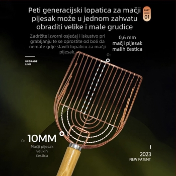 Nehrđajući čelična lopatica za mačji pijesak s kukom i drvenom drškom, velikog formata