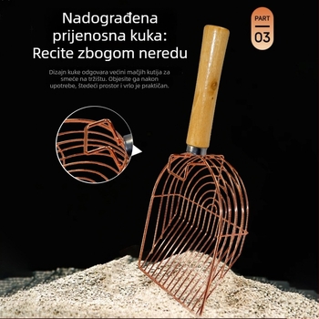 Nehrđajući čelična lopatica za mačji pijesak s kukom i drvenom drškom, velikog formata