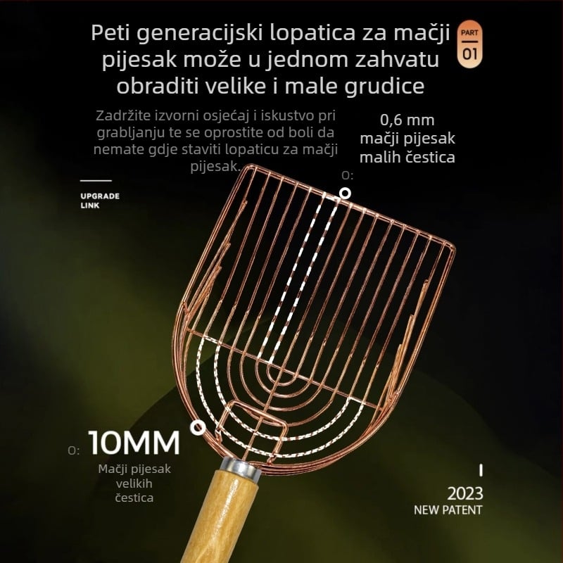 Nehrđajući čelična lopatica za mačji pijesak s kukom i drvenom drškom, velikog formata