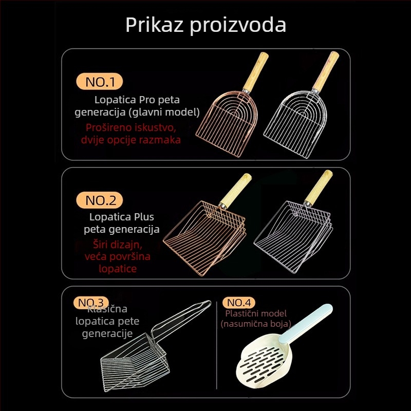 Nehrđajući čelična lopatica za mačji pijesak s kukom i drvenom drškom, velikog formata