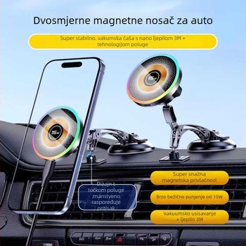 Magnetni držač za auto s vakuum bazom, bežično punjenje 15W, cinkov spoj, LED svjetlo, otporan na tresenje