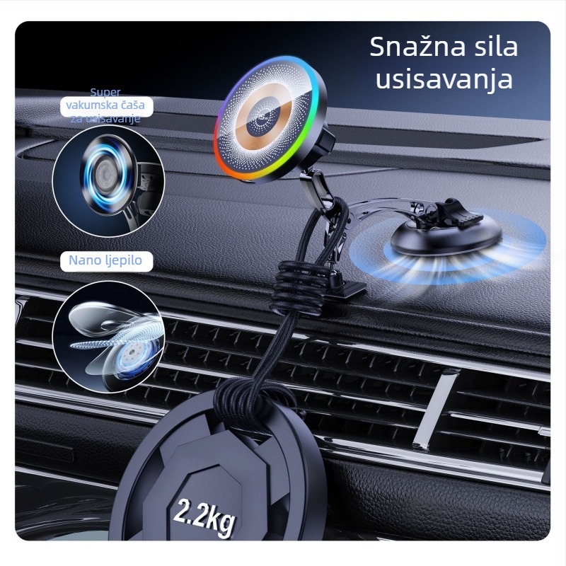 Magnetni držač za auto s vakuum bazom, bežično punjenje 15W, cinkov spoj, LED svjetlo, otporan na tresenje