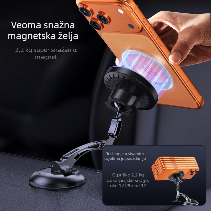 Magnetni držač za auto s vakuum bazom, bežično punjenje 15W, cinkov spoj, LED svjetlo, otporan na tresenje