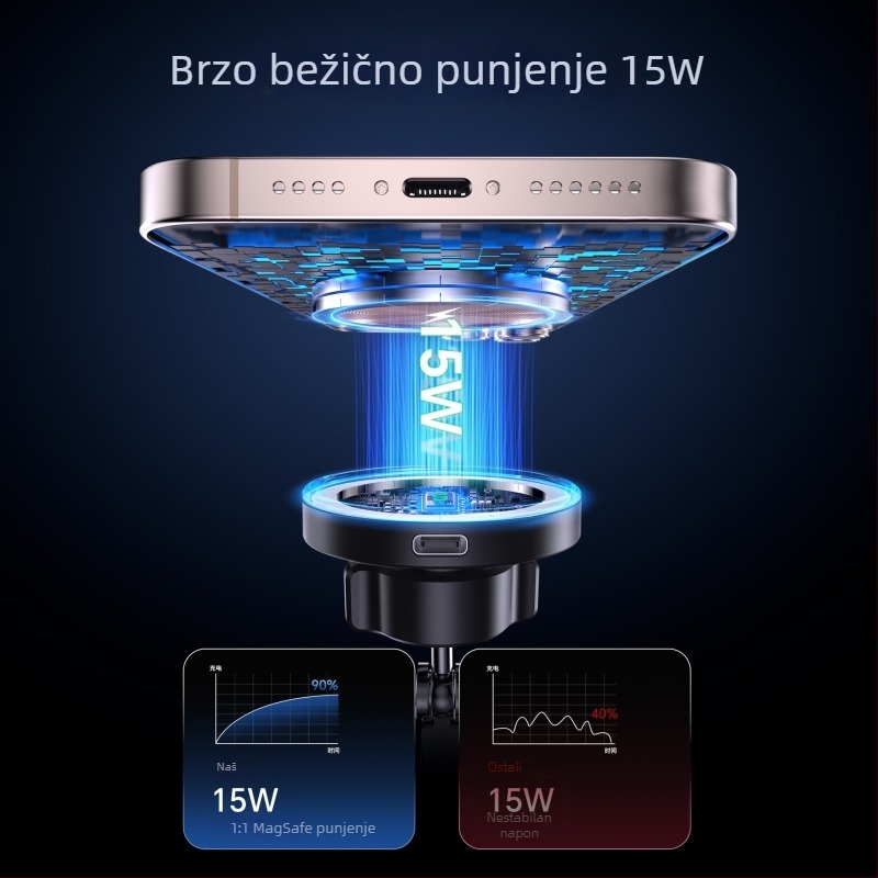 Magnetni držač za auto s vakuum bazom, bežično punjenje 15W, cinkov spoj, LED svjetlo, otporan na tresenje