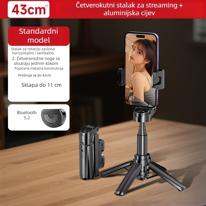 Mini četveronožni tripod za pametni telefon s 360° rotacijom, aluminijska legura, daljinski upravljač, rasvjeta, Bluetooth