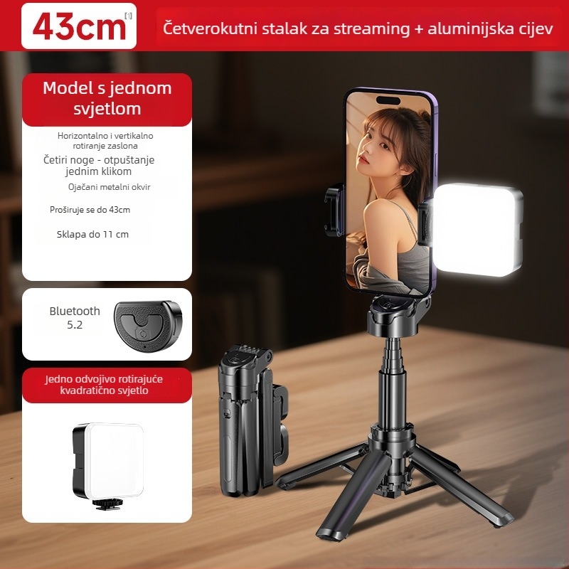 Mini četveronožni tripod za pametni telefon s 360° rotacijom, aluminijska legura, daljinski upravljač, rasvjeta, Bluetooth