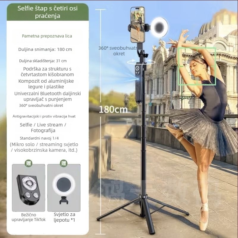Selfie štap s 360° rotirajućim gimballom, automatsko praćenje uz AI prepoznavanje lica za prijenos uživo, aluminijska legura