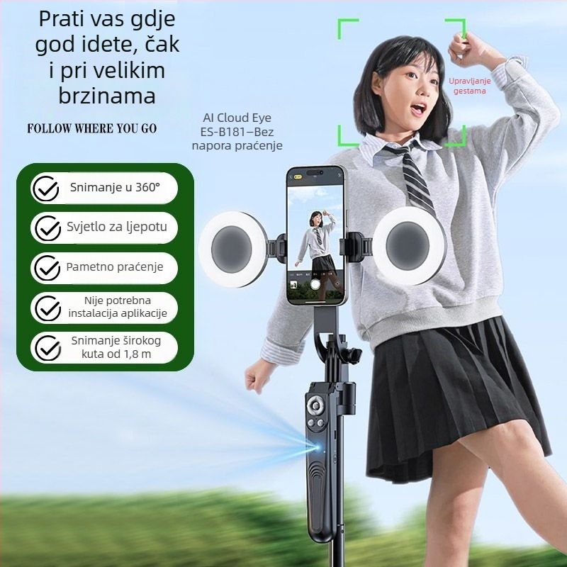 Selfie štap s 360° rotirajućim gimballom, automatsko praćenje uz AI prepoznavanje lica za prijenos uživo, aluminijska legura