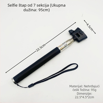 7-dijelni teleskop selfie štap od nehrđajućeg čelika za GoPro i druge akcijske kamere, nosivost do 2 kg