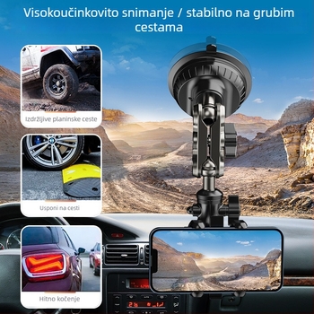 Gornji automobilni držač za mobitele i akcijske kamere s usisnom čašom i glavom pan-tilt, aluminijska konstrukcija