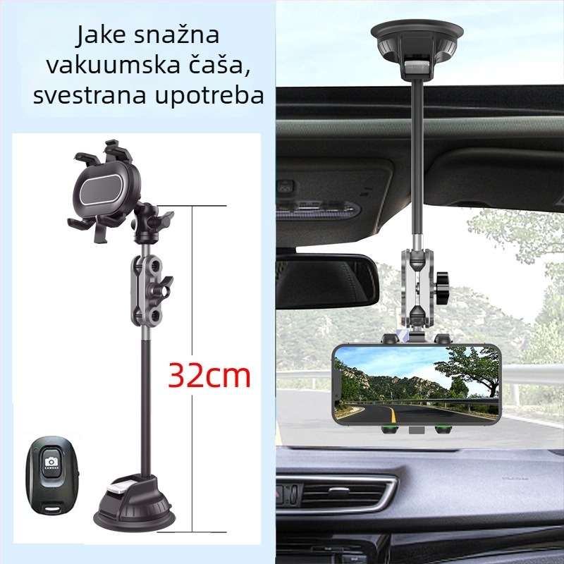 Gornji automobilni držač za mobitele i akcijske kamere s usisnom čašom i glavom pan-tilt, aluminijska konstrukcija