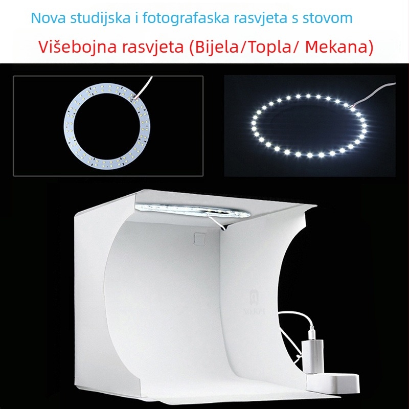 Prijenosno studijsko svjetlo s preklopnim LED trakom za fotografiranje mobitelom, Kutija za fotografiranje, Set pozadinske tkanine