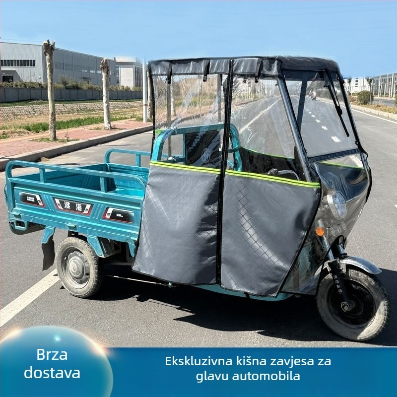 Krov za električni tricikl s prednjim pokrovom, zasebnom kišnom zavjesom i potpuno zatvorenim kišnim štitom