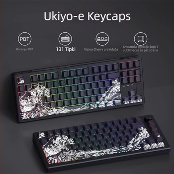 Set keycapova za mehaničku tipkovnicu — bočno gravirani Ukiyo-e dizajn, PBT materijal, kompatibilnost 87/98/108 tipki