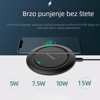 Bežični punjač 15W, Qi brzo punjenje, Qi protokol, Izlaz 1.67A, Podrška prilagođavanju