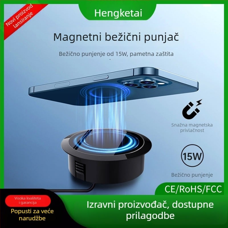 Ugrađeni magnetski bežični punjač 15W za iPhone i Android, QC3.0, 3A, brzo punjenje