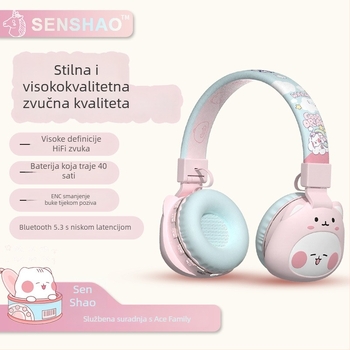 Slušalice Bluetooth za glavu s crtić dizajnom, Bluetooth 5.3, domet 15 m, IPX3 vodootpornost, trajanje baterije 8+ sati