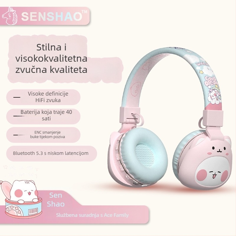 Slušalice Bluetooth za glavu s crtić dizajnom, Bluetooth 5.3, domet 15 m, IPX3 vodootpornost, trajanje baterije 8+ sati