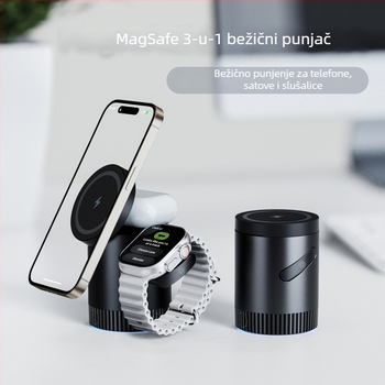 3-u-1 magnetski bežični punjač za iPhone 15, slušalice i sat s MagSafe — PD, magnetno punjenje, izlaz 3 A, 15 W, ukupno 23 W