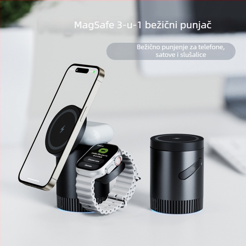3-u-1 magnetski bežični punjač za iPhone 15, slušalice i sat s MagSafe — PD, magnetno punjenje, izlaz 3 A, 15 W, ukupno 23 W