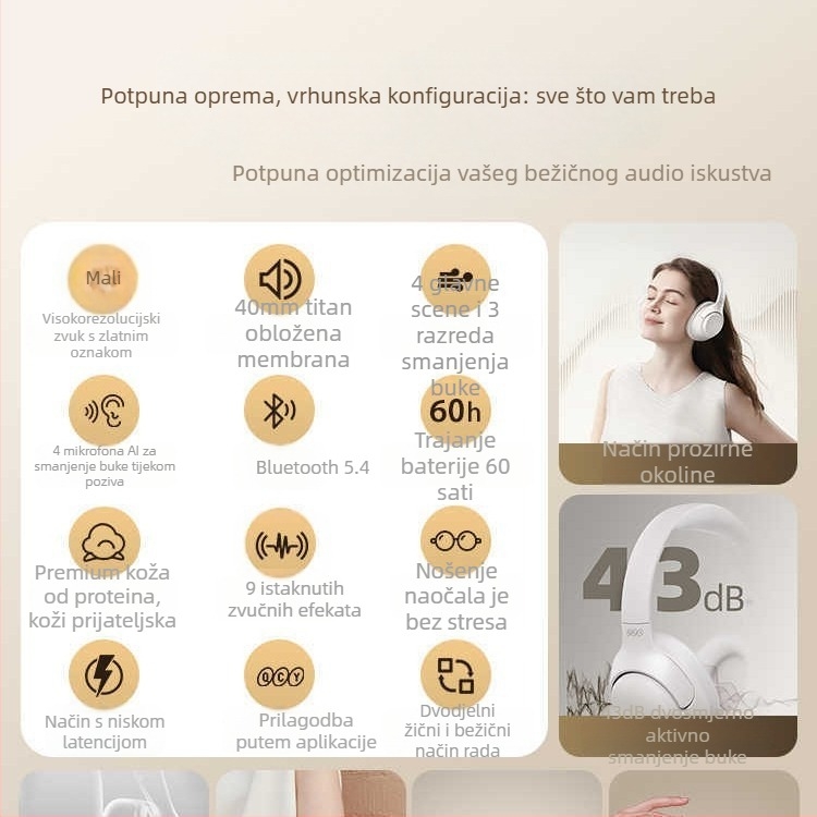 QCY H3 slušalice Bluetooth na glavi s ANC, pravi bežični za sport, domet 5 m, Bluetooth 5.0