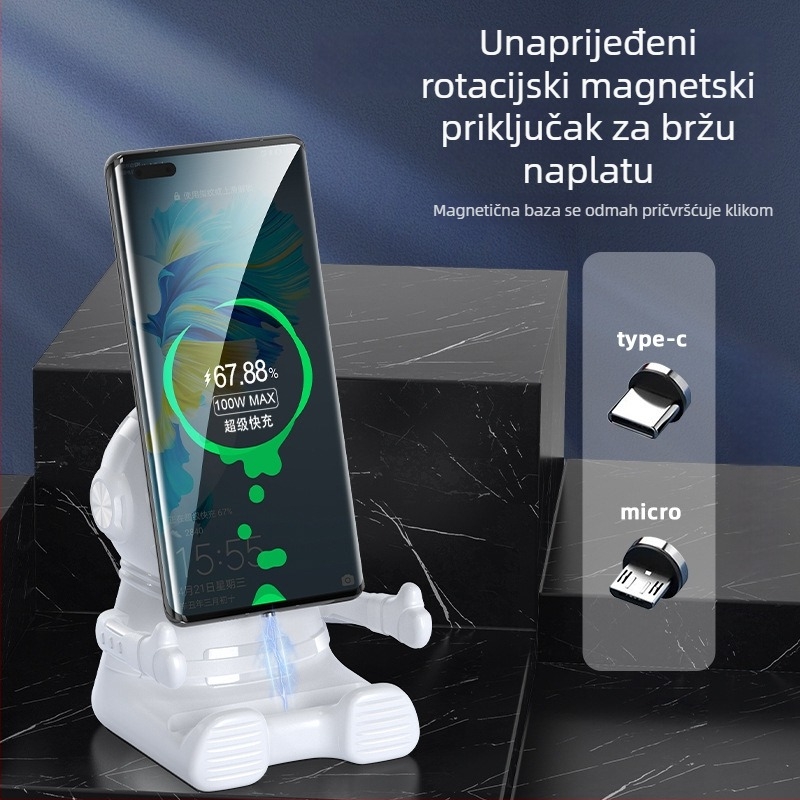 Bežični punjač s magnetskim poravnanjem, 15W brzo punjenje, stolni uspravni nosač za telefon, dizajn astronauta s osmijehom