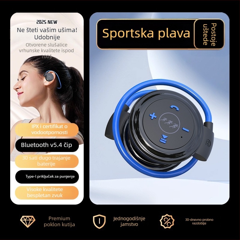 Bežične sportske Bluetooth slušalice s MP3 playerom, preko uha, IPX4, 8h trajanje baterije, Bluetooth 5.4, domet 10 m, stereo dual