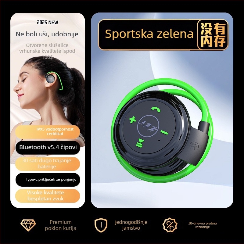 Bežične sportske Bluetooth slušalice s MP3 playerom, preko uha, IPX4, 8h trajanje baterije, Bluetooth 5.4, domet 10 m, stereo dual
