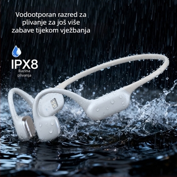Slušalice s kostnom vodljivosti, IPX8 vodootporne, Bluetooth 6.0, domet 10 m, trajanje baterije 4–8 h, nosive na glavi, stereo za oba kanala, sportski stil, silikon materijal