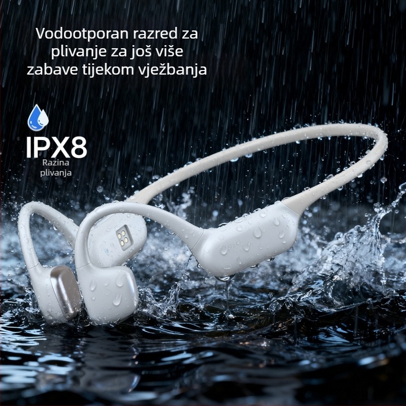Slušalice s kostnom vodljivosti, IPX8 vodootporne, Bluetooth 6.0, domet 10 m, trajanje baterije 4–8 h, nosive na glavi, stereo za oba kanala, sportski stil, silikon materijal