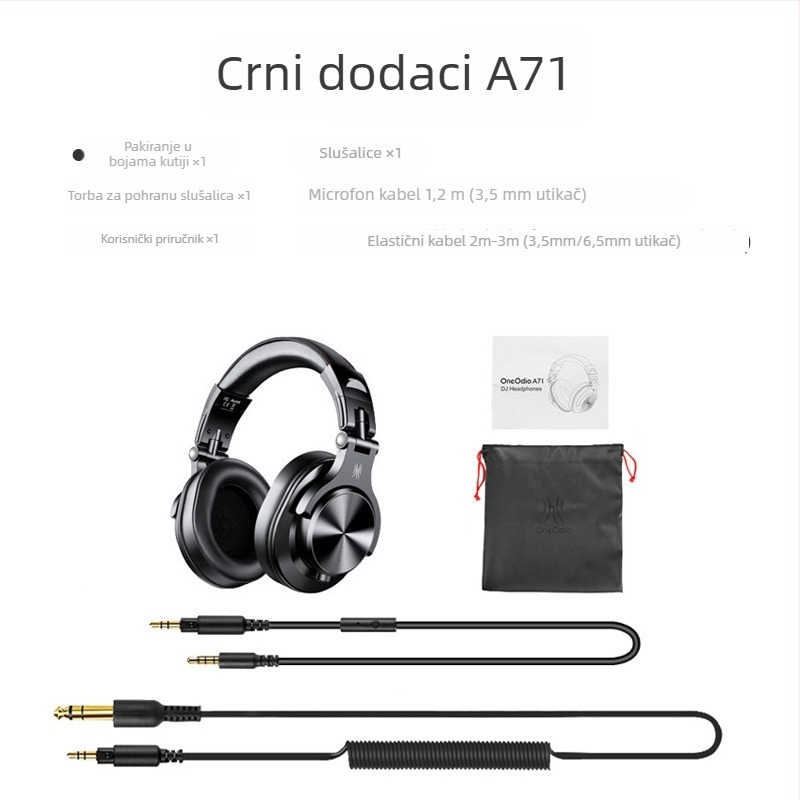 OneOdio žične DJ monitorske slušalice s mikrofonom, frekvencijski raspon 20–20 kHz, impedancija 32 Ω, 3,5/6,3 mm konektor, kabel 3 m