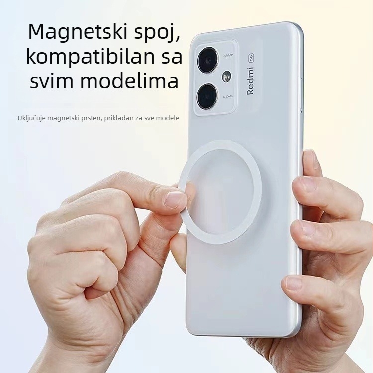 Snap-on nosač za telefon s magnetskim usisavanjem; materijal ABS + magnet + prozirno ljepilo; pogodan za uredski rad, livestream i učenje.