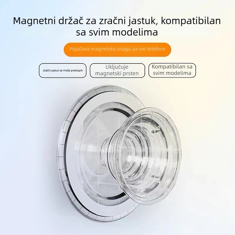 Snap-on nosač za telefon s magnetskim usisavanjem; materijal ABS + magnet + prozirno ljepilo; pogodan za uredski rad, livestream i učenje.