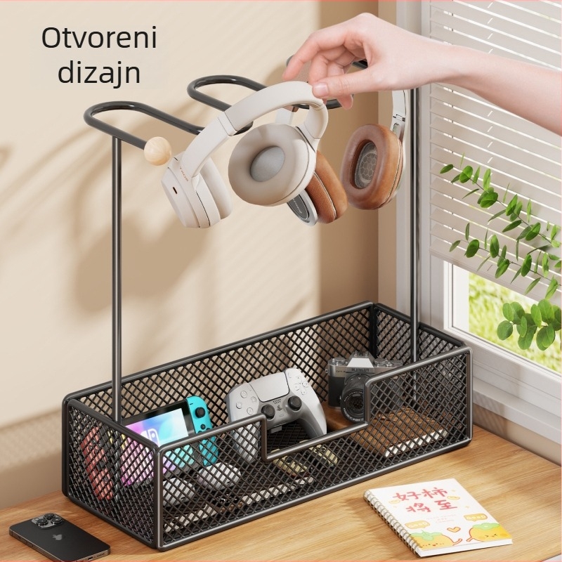 2-u-1 nosač za slušalice i spremnik za Switch kontroler | stolni metalni, 2 etaže, jednostavan modern stil
