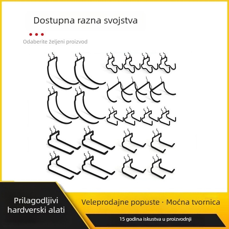 Kuka za perforiranu ploču od nehrđajućeg čelika, moderan višeredni dizajn, nosivost 30 kg, montaža na perforiranu ploču, marka Nicos