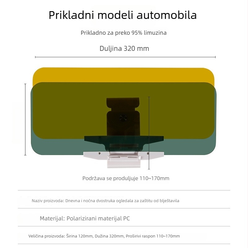 Unutarnje automobilne sunčane vizir naočale s PC polariziranim lećama, pričvršćivanje vakuumskim čašicama, težina 360 g, prilagodljiva obrada