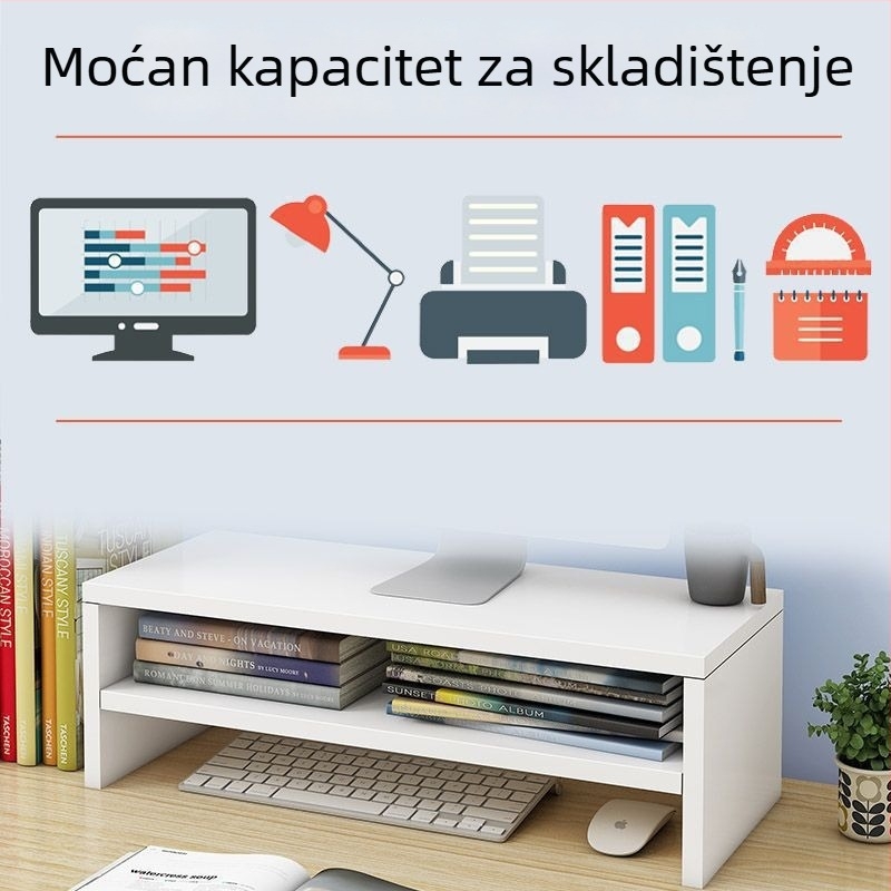 Stolni stalak za monitor i organizator tipkovnice — jednostavan moderni stalak s pretincom za šminku, jedna razina, bez montaže, lansiran 2023