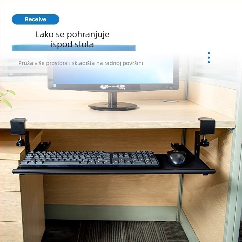 Polica za tipkovnicu ispod stola s produženim vodilicama, bez bušenja; Materijal: hladno valjani čelik; Model: 135; Stil: moderni i minimalisticki; Marka: Huibaili hardware